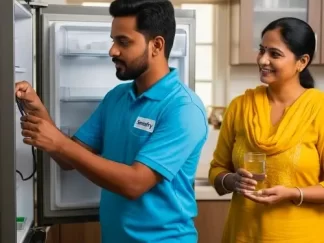 Technician repairing refrigerator in nashik at home and customer offering water