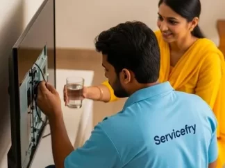 Technician repairing television in nashik at home and customer offering water