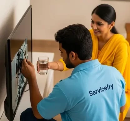 Technician repairing television in nashik at home and customer offering water