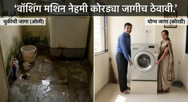 Husband & wife shifting washing machine from wet area to dry area