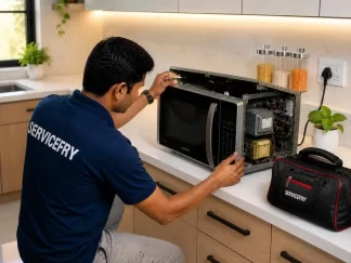 Microwave oven repair technician repairing a microwave oven at customer home.