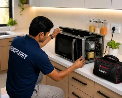 Microwave oven repair technician repairing a microwave oven at customer home.