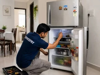 Refrigerator repair technician repairing a refrigerator at customer home.
