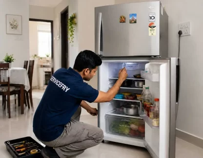 Refrigerator repair technician repairing a refrigerator at customer home.