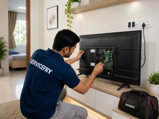 LED TV repair technician repairing a smart television at customer home.
