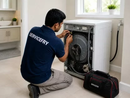 Washing machine repair technician servicing a washing machine at customer home.